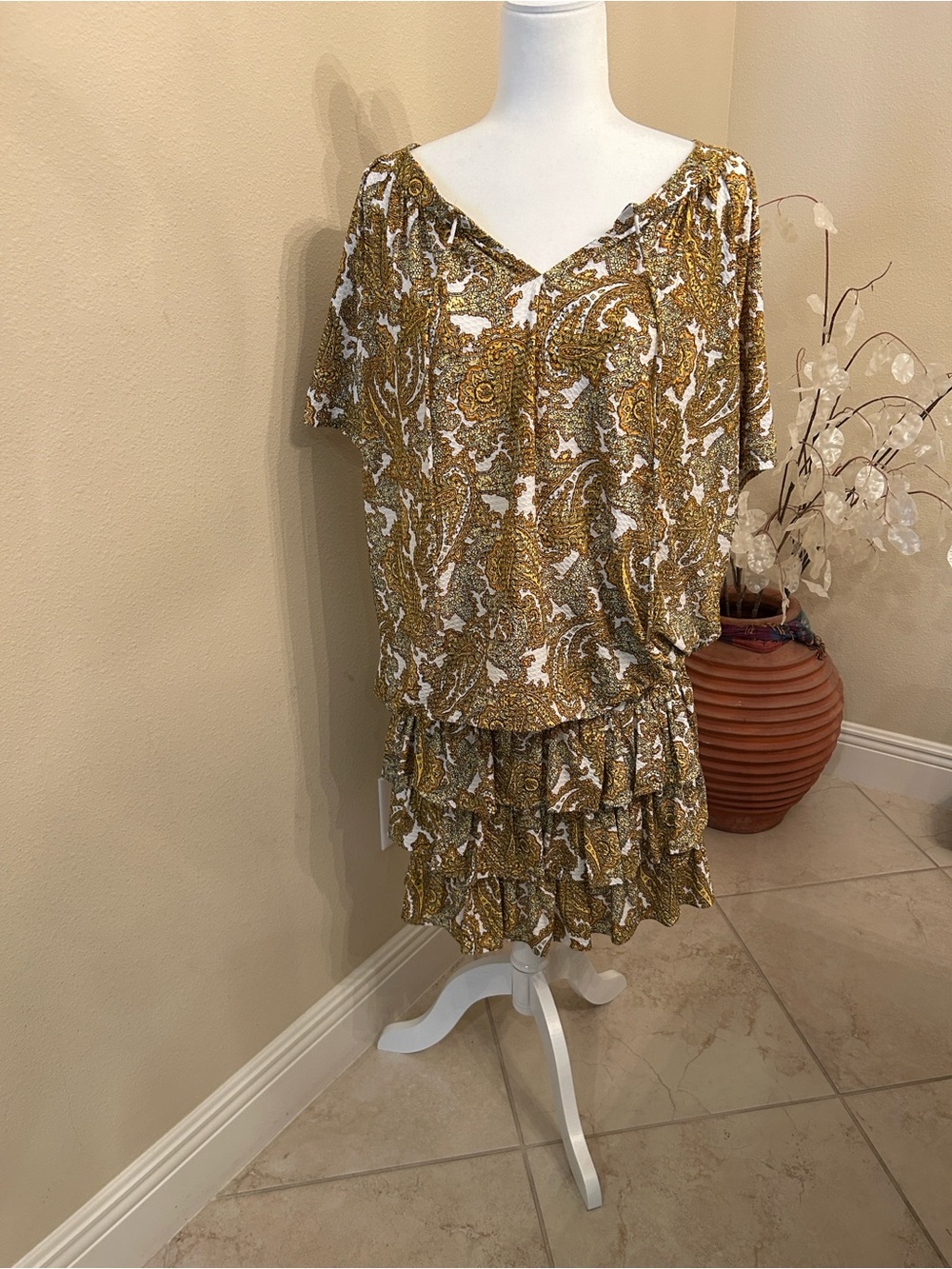 Michael Kors Women’s 2 Piece Mustard Paisley Ruffle Skirt and Blouse